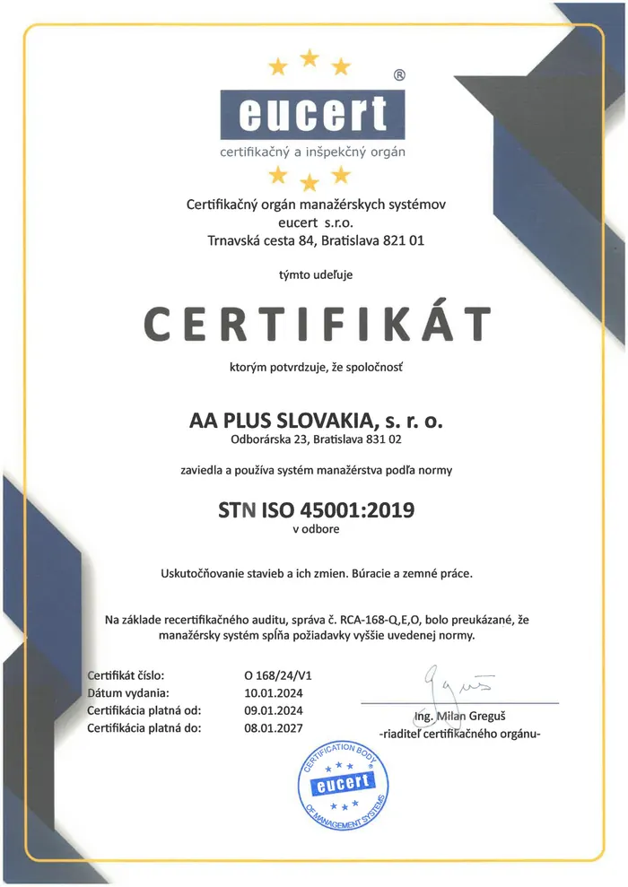 Certifikát STN ISO 45001:2019